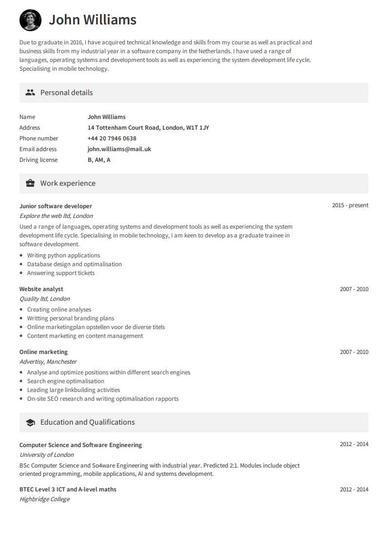 Besplatan primjer CV-a Besplatan primjer CV-a