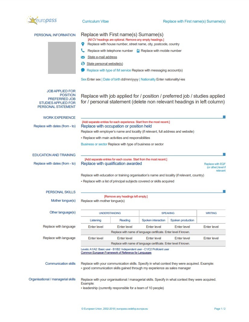 Europass predložak životopisa