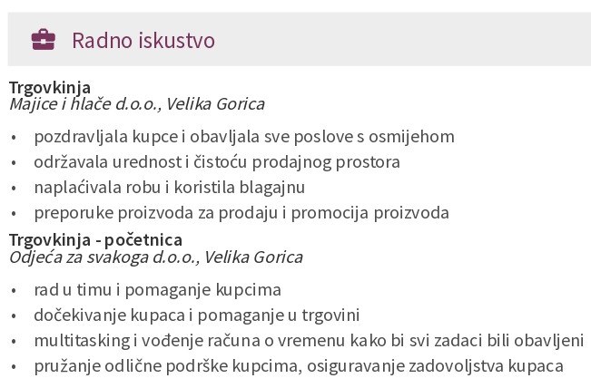 radno iskustvo u životopisu za barmena