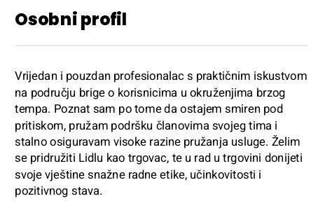 osobni profil u zivotopisu za Lidl