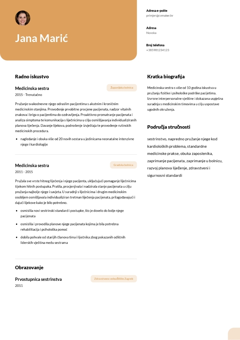 Primjer životopisa za medicinsku sestru