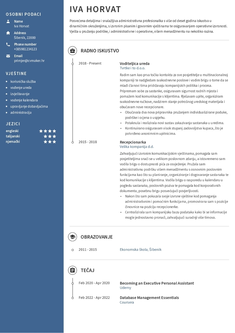 Primjer životopisa recepcionerke Primjer životopisa recepcionerke