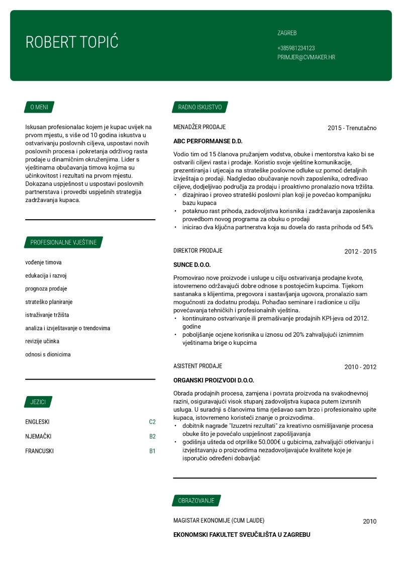 Primjer životopisa za prodajnog profesionalca