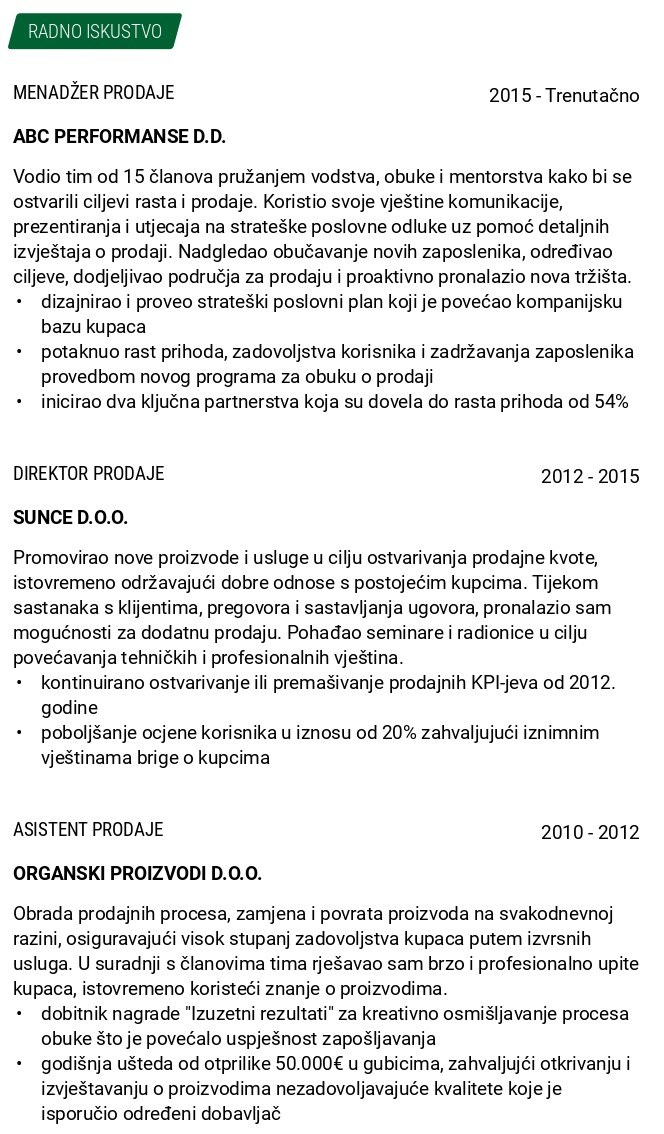 radno iskustvo profesionalca u prodaji