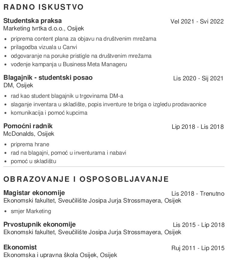 Radno iskustvo u životopisu studenta