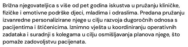 osobni profil u zivotopisu za njegovateljicu