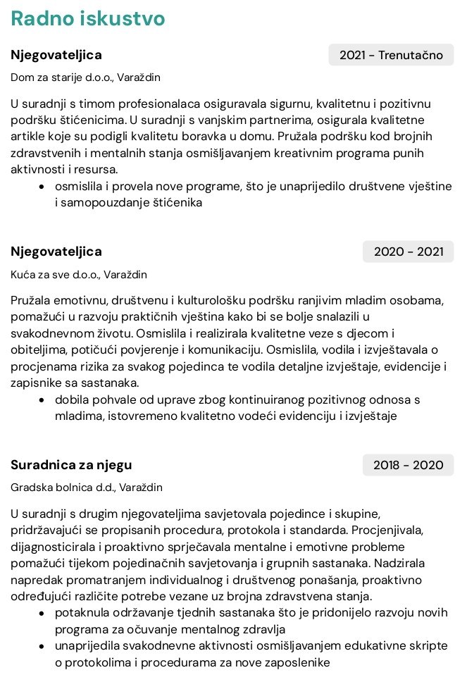 radno iskustvo u zivotopisu za njegovateljicu
