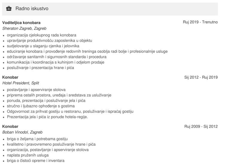 radno isustvo u zivotopisu za konobara